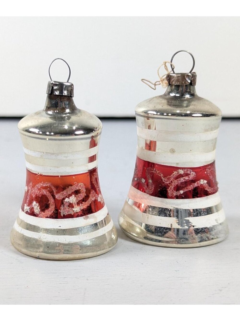 Vintage Christmas ornaments 2 thin glass bells with clappers